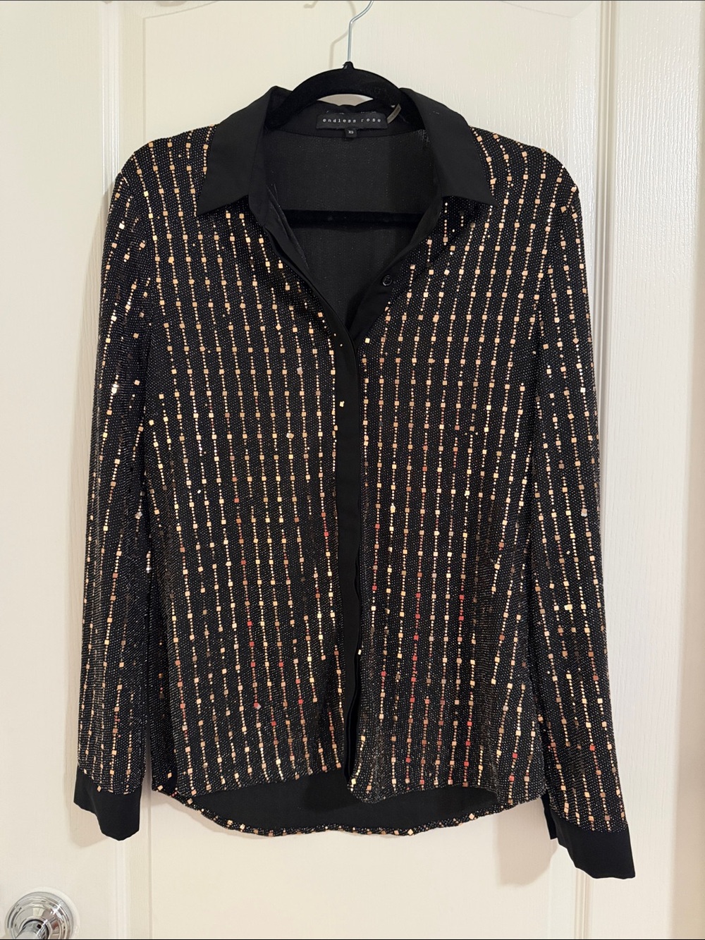 Endless Rose Black Button-Down Top with Gold Metallic Stripes